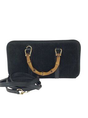 Gucci Vintage Bamboo 2-Way Black Gold Suede Leather Wallet on Chain Shoulder Bag